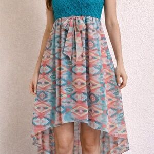 Pinky Teal Lace Bodice Aztec High-Low Dress